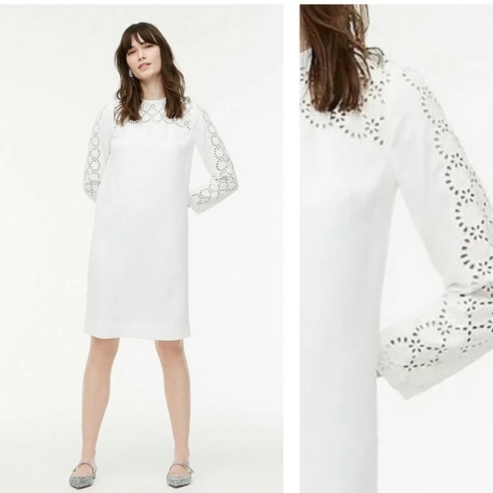 J. Crew White Laser-cut Eyelet Long Sleeve Crepe Shift Dress